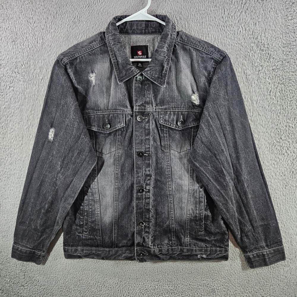 Southpole Mens Black Distressed Denim Trucker Jacket XL Faded Cotton Streetwear